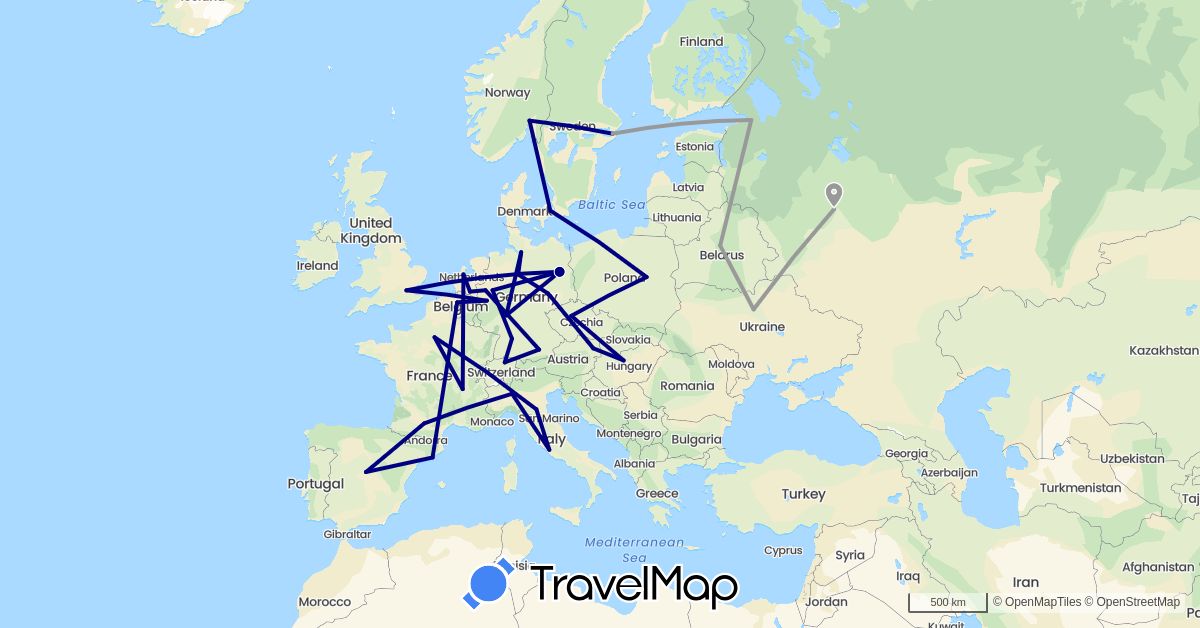 TravelMap itinerary: driving, plane in Austria, Belgium, Belarus, Switzerland, Czech Republic, Germany, Denmark, Spain, France, United Kingdom, Hungary, Italy, Netherlands, Norway, Poland, Russia, Sweden, Ukraine (Europe)